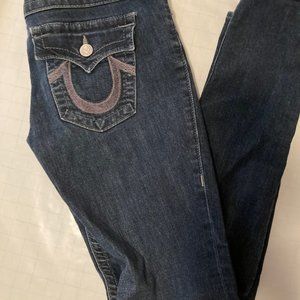 True Religion Skinny Denim Jeans Blue Denim Purple Glitter Logo Size 29 Low Rise